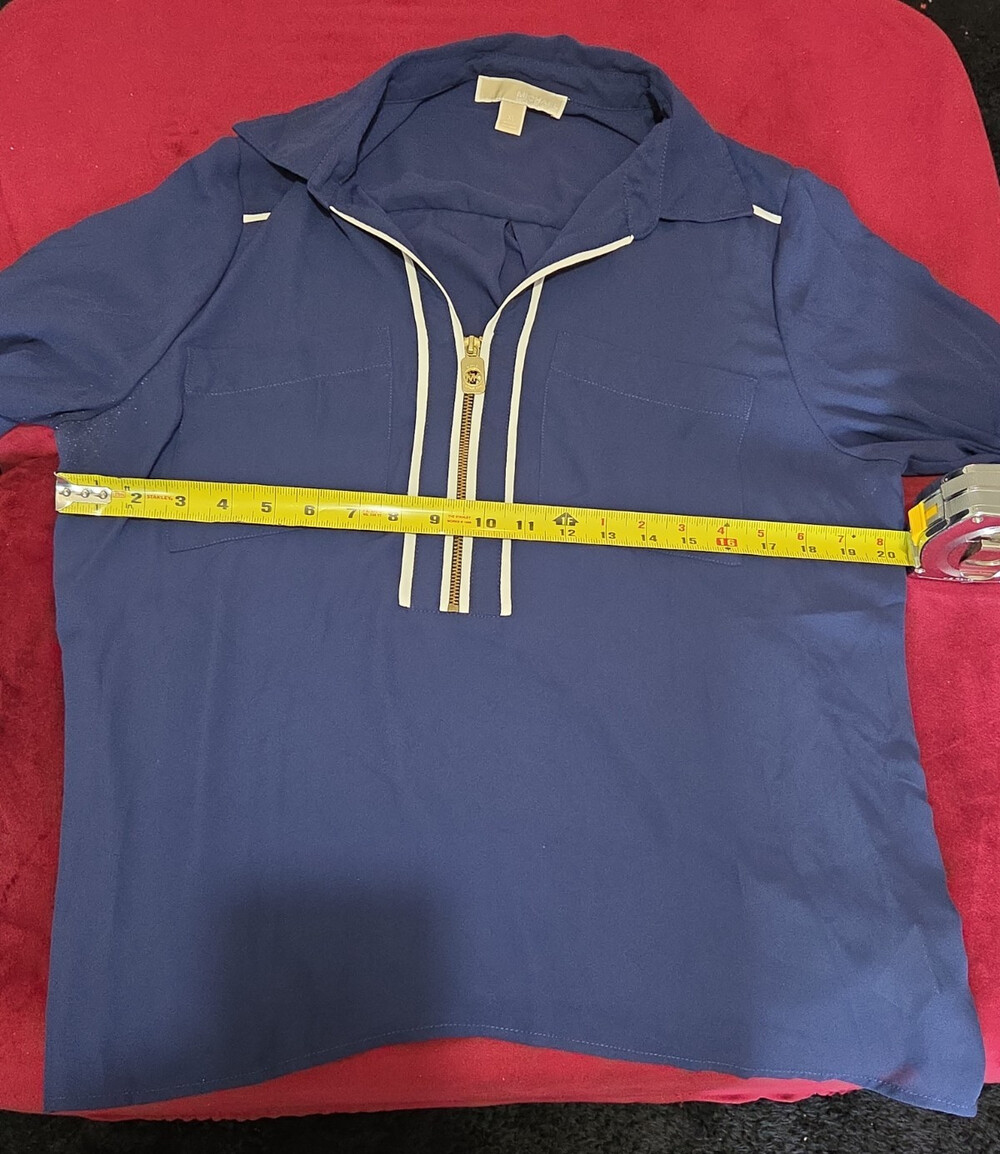 Michael Kors Blouse XL Navy Blue Zip Front Roll Tab Sleeve Shirt Gently Used - Picture 13 of 16
